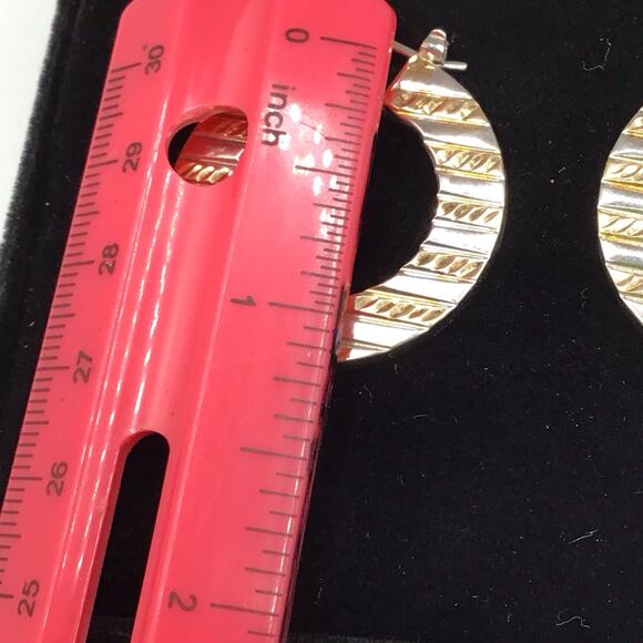 Sterling Silver Two Tone Textured Hoop Earrings 4.6g Polished Striped Design - Picture 7 of 14